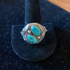 Handmade Native Amer turquoise silver leaf ring size 13 stamped Sterling